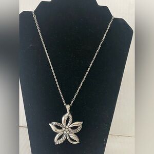 Necklace Floral Pendant Silver Chain 13” Long & 3” Floral Pendant Faux Diamonds